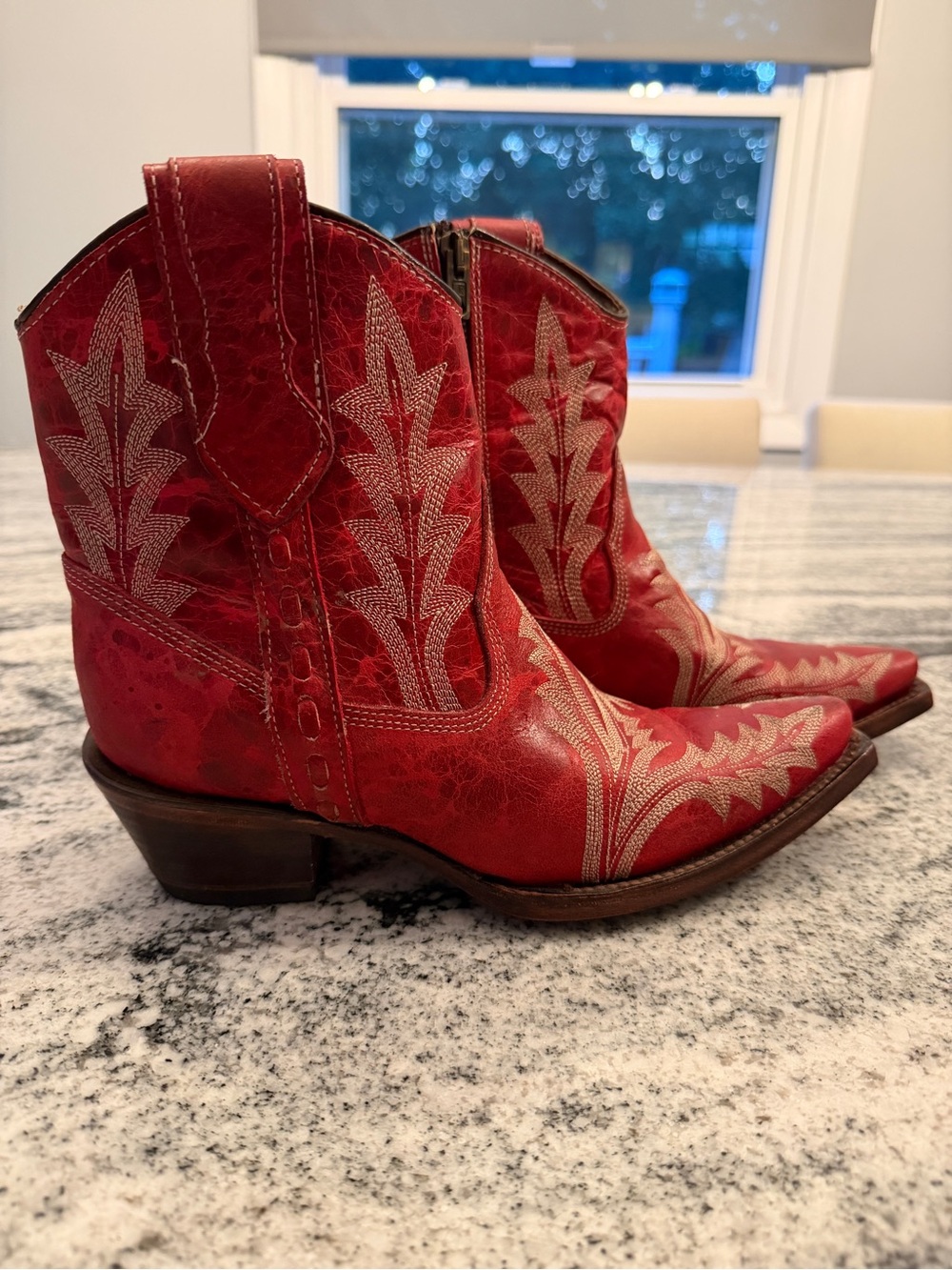 Red Leather Western Ankle Booties with Embroidered Detail - Picture 9 of 12